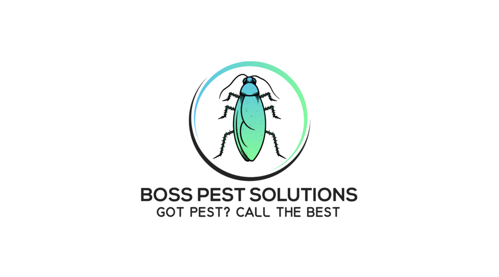 Boss Pest Solutions logo of a roach with a ring around it and the company's title and slogan below